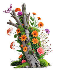Decorative ekibana made of dry wood and bright colors