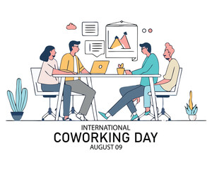 International Coworking Day. people in an office setting having a discussion, working together. office space with people working on laptops
