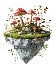 fly agaric mushrooms on a small stone island. transparent background