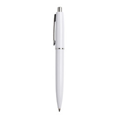 A sleek white ballpoint pen with a silver clip and push button.