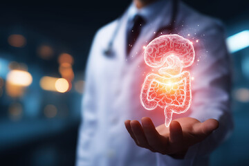 Gut brain axis. Doctor explaining gut-brain axis with hologram technology illustration.