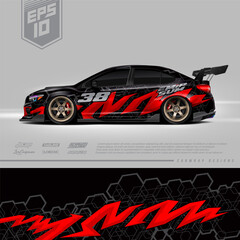Racing car wrap design vector. Graphic abstract stripe racing background kit designs for wrap vehicle, race car, rally, adventure and livery. Full vector eps 10	
