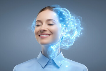 Gut brain axis. A person smiling with a glowing gut-brain aura in a peaceful setting.