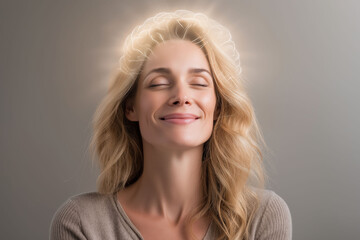 Gut brain axis. A smiling person with a glowing gut-brain aura in a peaceful setting.