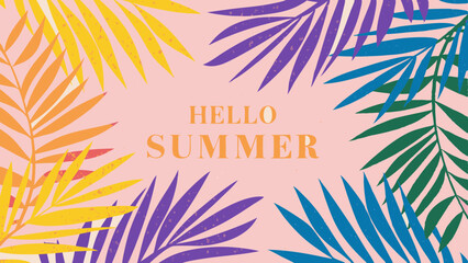 Hello summer text on pink background with yellow orange purple blue and green palm leaves border design