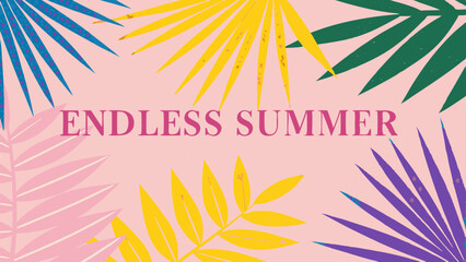 Endless summer themed background with colorful palm leaves on a light pink colored backdrop design
