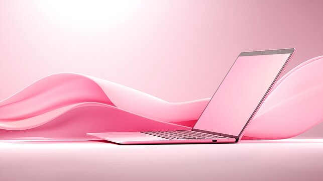 Pink Laptop Mockup with Minimalist Wave Background