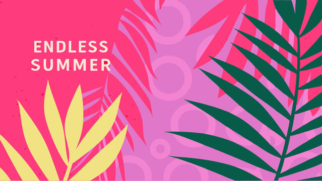 Illustration of pink and yellow palm leaves with endless summer text on a pink and purple background