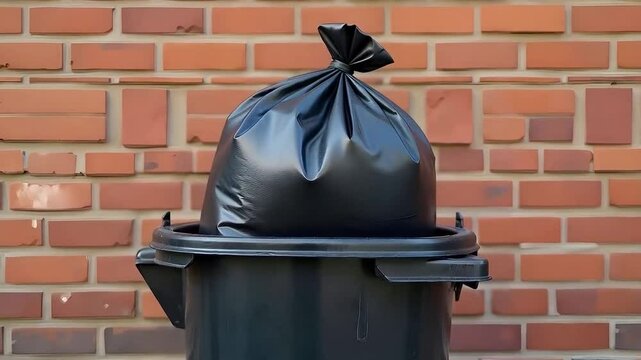 A dustbin trash can and black bin sack in an alleyway by a brick wall