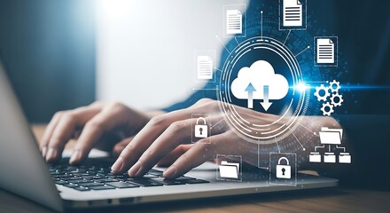 Cloud Computing and Data Security Concept with Person Typing on Laptop and Cloud Graphic Overlaying Hands and Keyboard