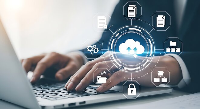 Businessman using laptop with cloud computing diagram data storage and network connection concept for business technology solutions and security