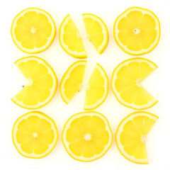 Fototapeta premium Set of juicy lemon slices showing detailed texture and pulp, displayed on a crisp white backdrop.