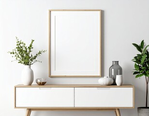 Minimalist interior with wooden frame white cabinet and green plants against a white wall