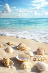 sandy beach, shells and starfish, Generative AI