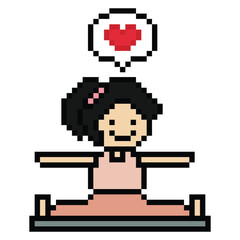 Cute pixel cartoon 8bit character woman yoga stretch exercises training lifestyle vector decoration life style 8 bit female girl exercise gym yoga class fitness warm game vector.