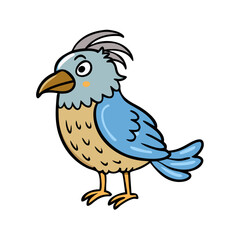 Fototapeta premium Cartoon bird with blue feathers and quirky hairstyle standing 