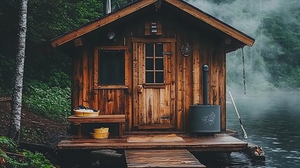 Idyllic lakeside wooden cabin retreat in nature, perfect for relaxation and escaping