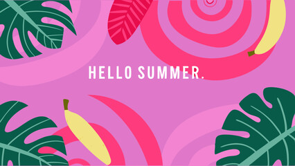 Illustration of tropical leaves and bananas with hello summer text on a pink background design