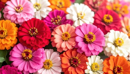 Colorful Zinnia flower assortment in reds, oranges, pinks, and whites, presented in a textured arrangement