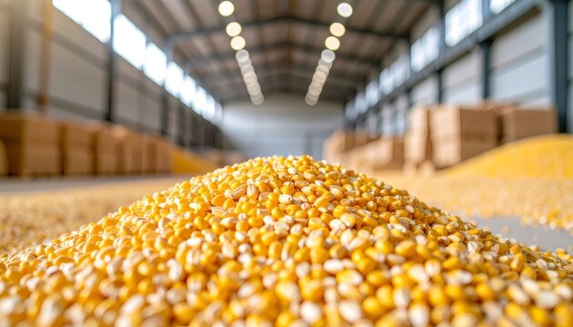 Pile of corn kernels stored in a warehouse, representing agriculture, farming, and food production