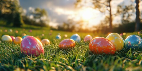 Colorful Easter eggs scattered on lush grass during a sunny afternoon in a vibrant outdoor setting