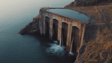 Coastal hydroelectric dam, water flowing