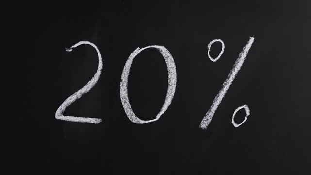 Closeup view of hand writing 20% on black chalkboard background. Concept of promotion sale announcement, advertising, discount, tax cut, tariffs increase, off season price decrease, special rate offer