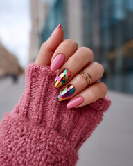 Naklejka premium Fashionable chrome foil nail art on female hand with pink manicure and warm knitted sleeve in city background