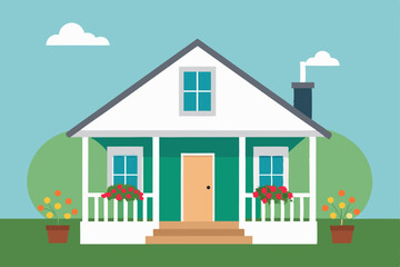 a farmhouse with a front porch and hanging basket.