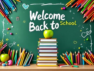 Back to school chalkboard with book sketch, apple, and pencils. Ideal for educational banners, school ads, classroom posters, and academic event promotion
