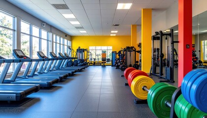 Bright gym with treadmills, weights, and machines, showcasing fitness space
