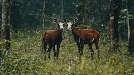 Two forest-dwelling antelopes in a lush green woodland