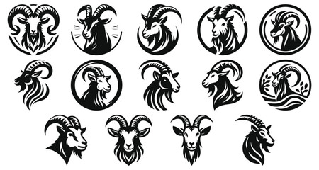 Goat head icons in black and white vector style, perfect for logo design projects