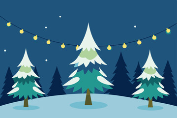 Naklejka premium snow covered pine trees lit with string lights