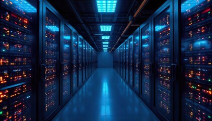 Obraz premium Sleek server room with glowing data centers and interconnected network cables illustrating vast cloud storage capacity and modern data infrastructure , cybersecurity, backup