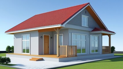 3D model of a small, light-gray house with a red roof