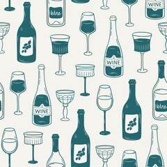 Hand drawn doodle seamless pattern with bottles and glasses of wine. Linear background with alcoholic drink. Minimal vintage design for poster, print, menu, packaging, wrapping paper