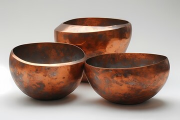 Three minimalist round pot, oval shape or vase &mdash; sculpted in oxidized copper with both matte and polished edges to emphasize form. 