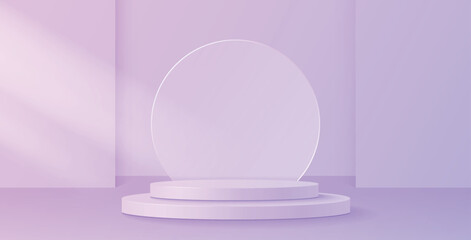 Neon podium pink and purple color with round glass behind. Abstract colored studio wall and window light overlay effect. Realistic 3d podium for product showcase display, vector illustration.
