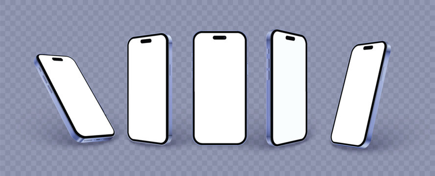 Phone mockup set in 3d style isolated on transparent background. Realistic titanium purple smartphone in different angles view with shadow for ui ux app presentation. Realistic 3d vector mobile phone.