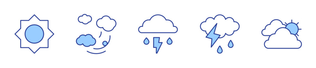 storm, cloudy, sun, contrail. Weather forecast Icon vector illustration. Line Duotone style. Editable stroke