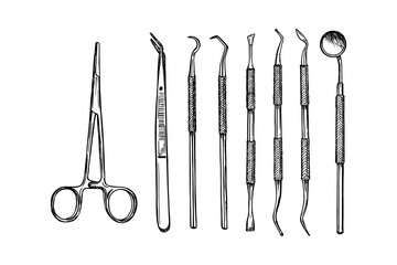 Dental tools sketch drawing collection. Dentist hygiene tools, oral healthcare. Hand-drawn sketch vector illustration isolated on a white background