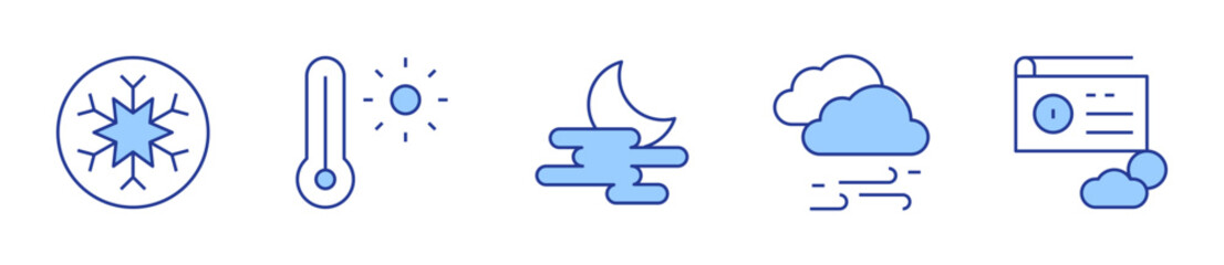 thermometer, windstorm, snowflake, fog, radio. Weather forecast Icon vector illustration. Line Duotone style. Editable stroke