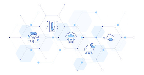 Weather forecast Banner Vector Illustration with Icon Style in Between. Line Duotone icon. Containing. windstorm, thermometer, rain, hail, cloud