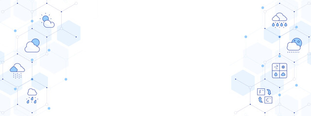 Weather forecast Banner Vector Illustration with Two-sided Icon Style. Line Duotone icon. Containing. cloudy, weather, drizzle, sleet, fahrenheit, weather news, rainy night, rain