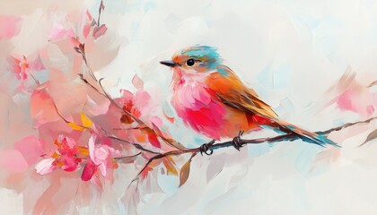 Ful Abstract Oil Painting Depicting Bird And Spring Flower On Canvas. Modern Art Featuring Animal And Floral Elements In Oil And Acrylic Brushwork.