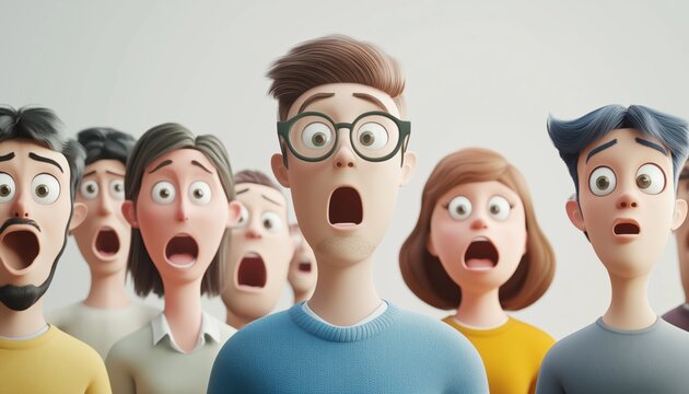 Emotional Group Of People Reacting In Shock Against Gray Wall, Including A Man In Glasses And Scared Friends. Unexpected Encounter.