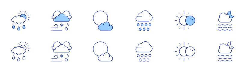 Weather forecast icon set in two styles, Duotone and Thin Line style. Editable stroke. rain, rain cloud, thunderstorm, eclipse, full moon, foggy