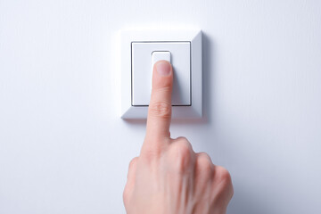 Finger pressing a light switch on a white wall, modern and minimalistic design.