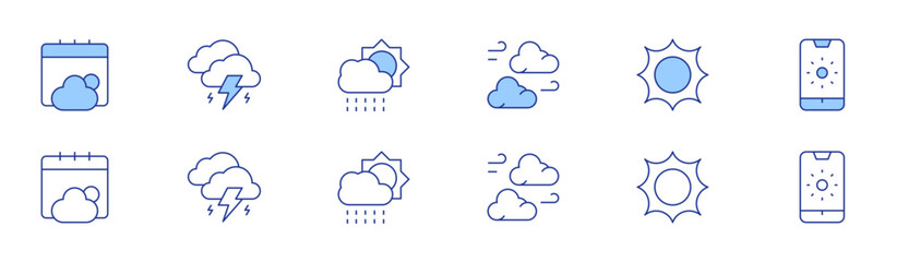 Weather forecast icon set in two styles, Duotone and Thin Line style. Editable stroke. weather, cloudy, thunderstorm, sun, rain, sunny